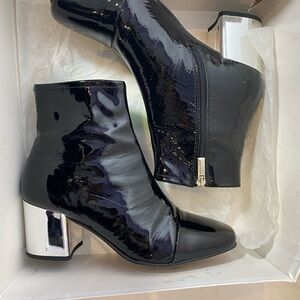 Steve Madden Cecil Chic Black Patent Leather Ankle Boots with Silver Heel